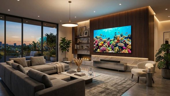 نمایش تلویزیون هوشمند 4K با کیفیت تصویر فوق‌العاده و فناوری HDR در فضای مدرن خانه.