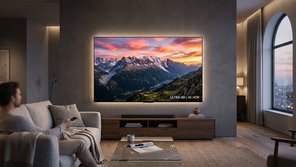 نمایش تصویری با کیفیت خیره‌کننده بر روی صفحه تلویزیون 4K هوشمند در یک فضای مدرن، برای نشان دادن شفافیت و جزئیات بالای وضوح تصویر اولترا اچ‌دی.