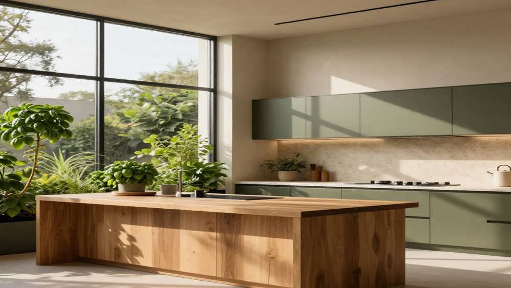 آشپزخانه ای با طراحی بیوفیلیک، دارای نورگیر بزرگ، کابینت های چوبی خام، بک گراند سنگی و گیاهان سرسبز خانگی.