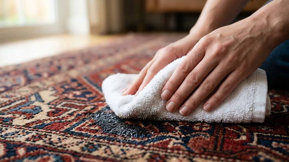 فشردن ملایم یک حوله سفید و تمیز روی لکه مایع ریخته شده بر روی فرش برای جذب رطوبت.