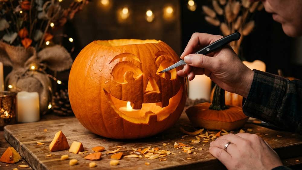 حکاکی نهایی طرح روی کدو تنبل و روشن شدن فانوس هالووین با نور گرم در فضای پاییزی