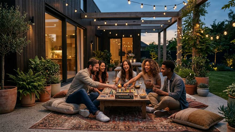 جوانان در یک تراس دنج و مدرن با ریسه های نوری در حال انجام بازی های گروهی و شب نشینی.