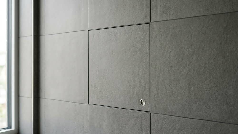 نمای نزدیک از یک دریچه بازدید تاسیساتی سفارشی که کاملاً با خطوط بندکشی کاشی های دیوار هماهنگ و پنهان شده است.