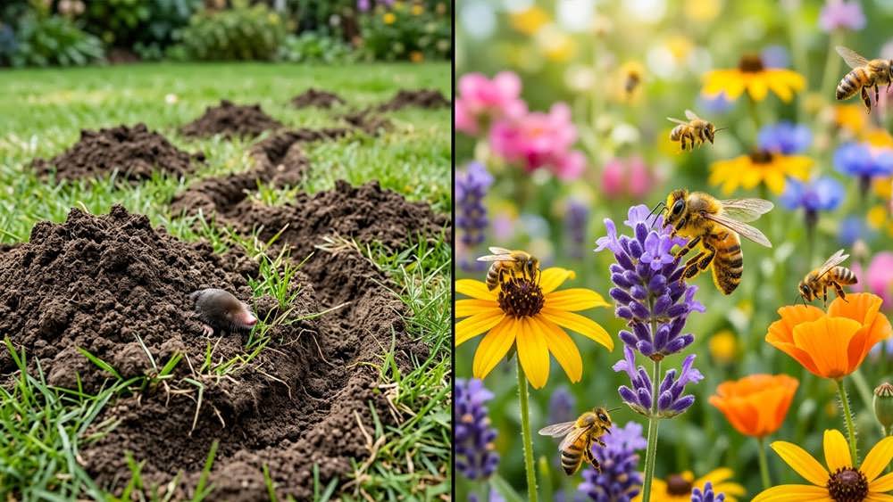 نمای دوگانه از آسیب های خاک توسط موش کور در فضای سبز و فعالیت زنبورها در میان گل ها، به عنوان نمادی از چالش های نگهداری از باغ و ویلا در فصل بهار.