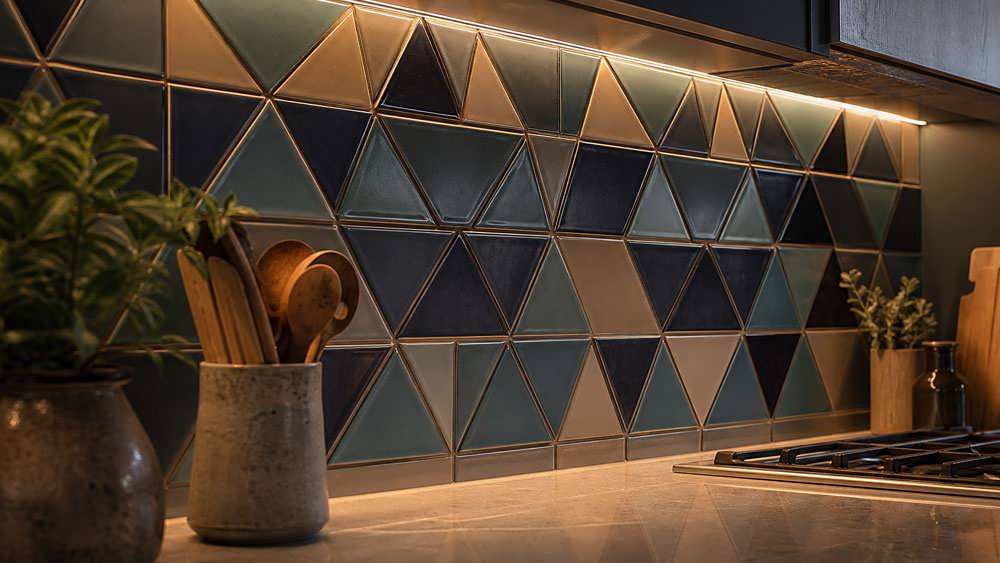 کاشی بین کابینتی با طرح هندسی خیره کننده و نورپردازی مخفی زیر کابینت