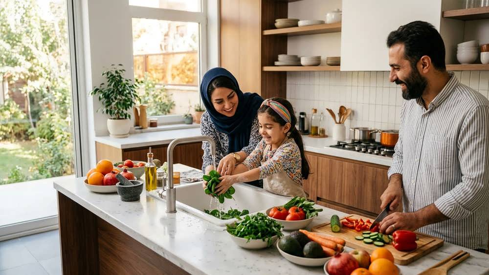 خانواده ای در حال آماده سازی یک وعده غذایی سالم در آشپزخانه که نمادی از تغذیه صحیح و آموزش عادت های بهداشتی به کودکان است.