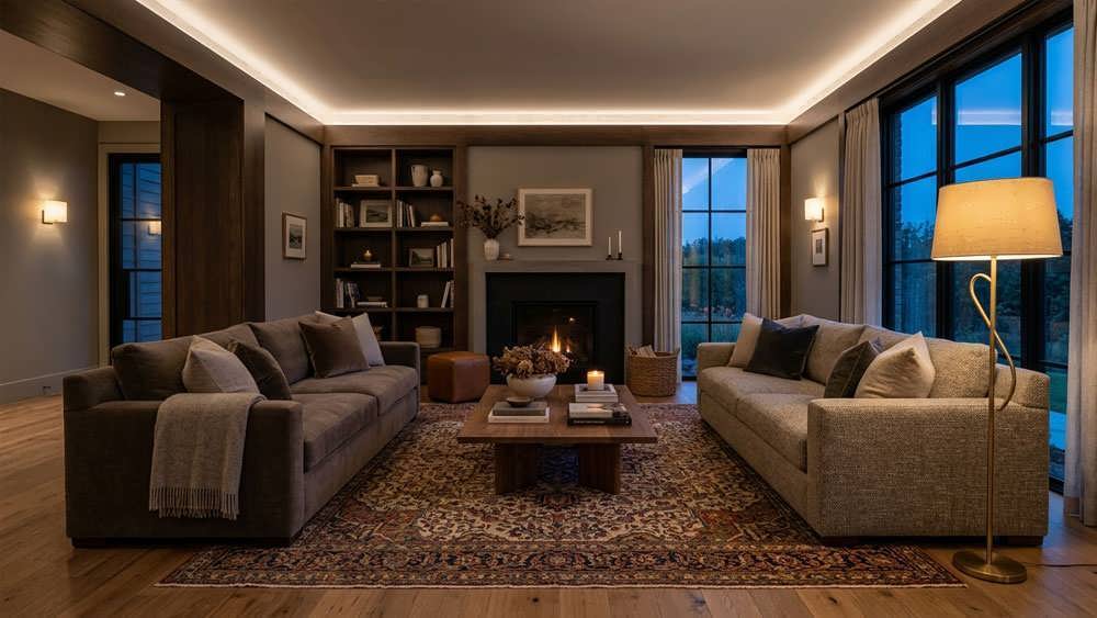 طراحی نورپردازی لایه ای در نشیمن مدرن با آباژور ایستاده، نور مخفی سقف و چیدمان مبلمان برای گفتگو