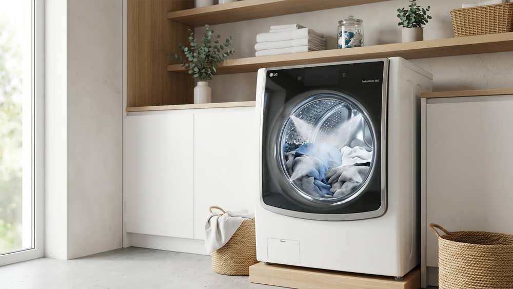 ماشین لباسشویی سفید ال جی در فضای مدرن با نمایش فناوری بخارشو و موتور هوشمند AI Direct Drive برای شستشوی بهینه و مراقبت بهتر از لباس‌ها