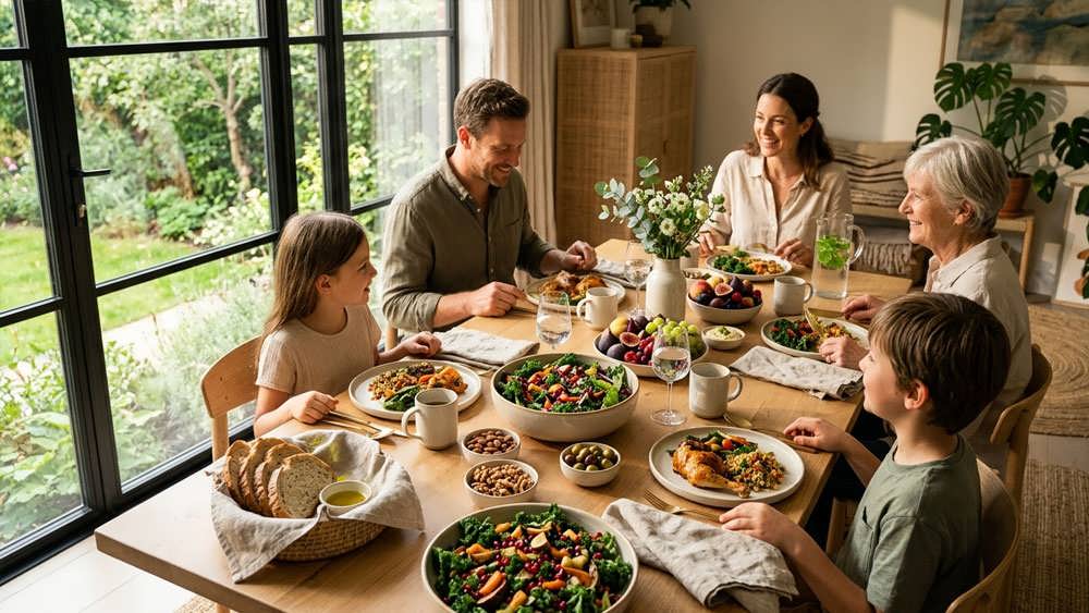 یک میز غذاخوری شیک با چیدمان مینیمال و غذاهای سالم و تازه در فضایی گرم، صمیمی و پرنور.