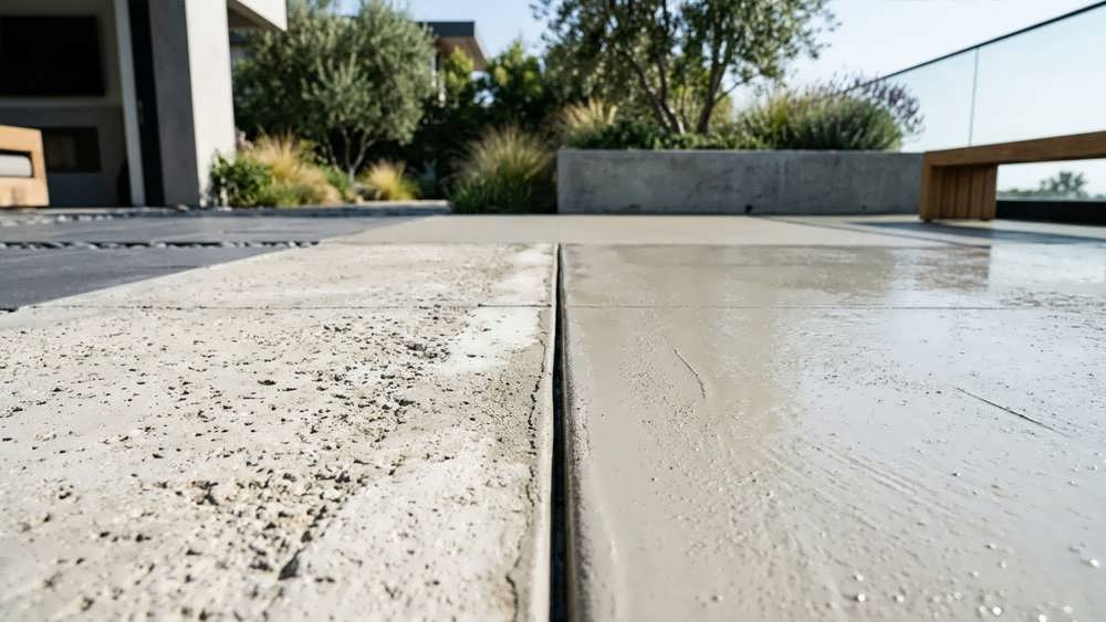 نمای نزدیک و باکیفیت از روند دقیق زیرسازی و آماده سازی سطح بتن قدیمی برای اجرای یک لایه روکش جدید و یکدست با رعایت اصول اتصال و درزهای انقباض در یک محیط مدرن.