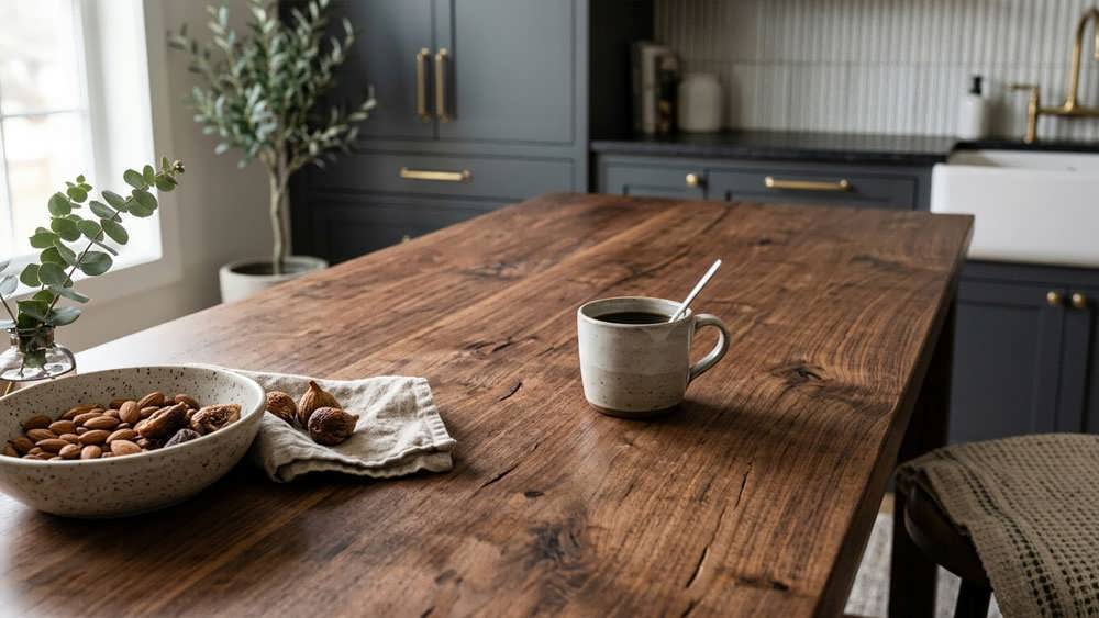 صفحه کابینت از جنس چوب طبیعی با بافت های زیبا در یک آشپزخانه با دکوراسیون گرم.