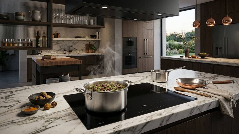 اجاق القایی مدرن در یک آشپزخانه خانگی حرفه‌ای با قابلمه استیل در حال پخت آرام یک خورش ایرانی