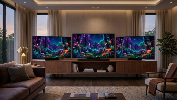 مقایسه کیفیت تصویر و رنگ در تلویزیون‌های نسل جدید QLED، OLED و Mini LED در یک اتاق نشیمن مدرن