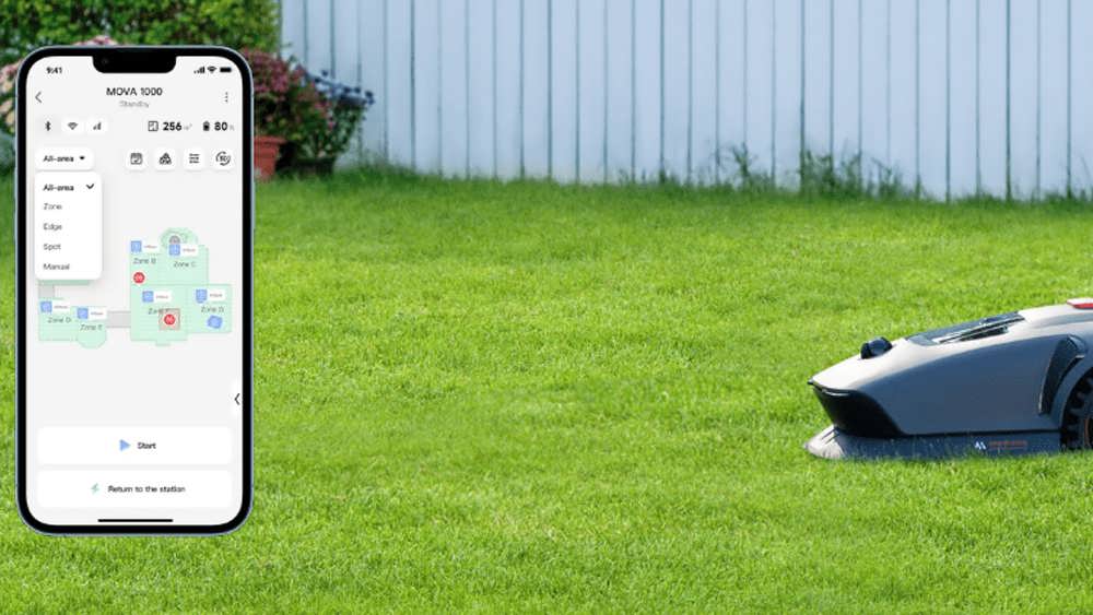 چمن‌زن رباتیک هوشمند با قابلیت اتصال به اپلیکیشن موبایل برای زمان‌بندی، کنترل از راه دور و نمایش وضعیت باتری در باغ
