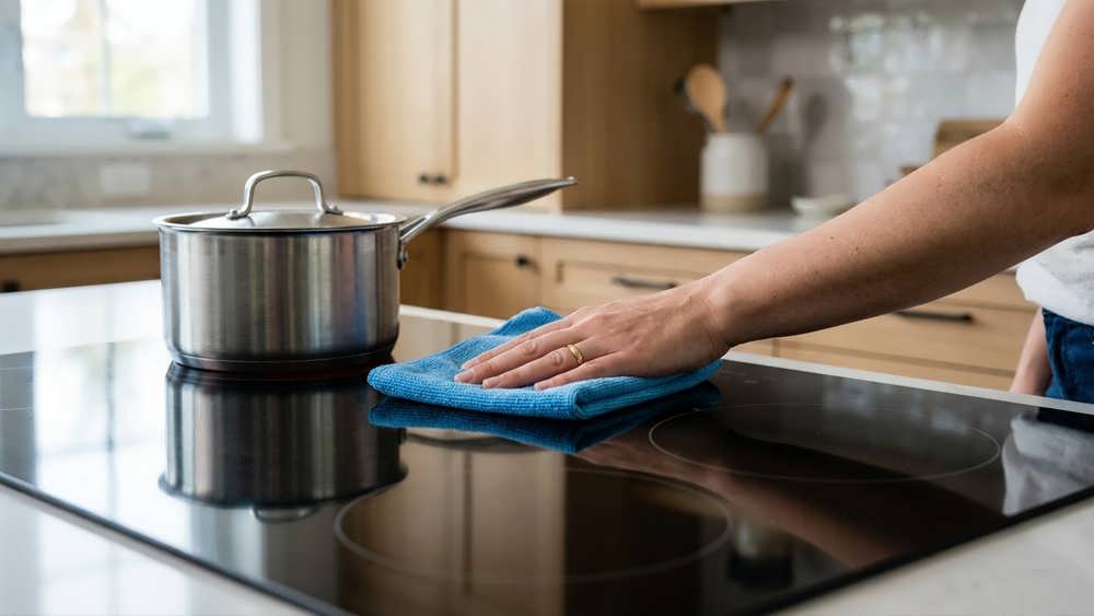تمیز کردن آسان و ایمن سطح شیشه‌ای اجاق القایی با دستمال در کنار قابلمه استیل