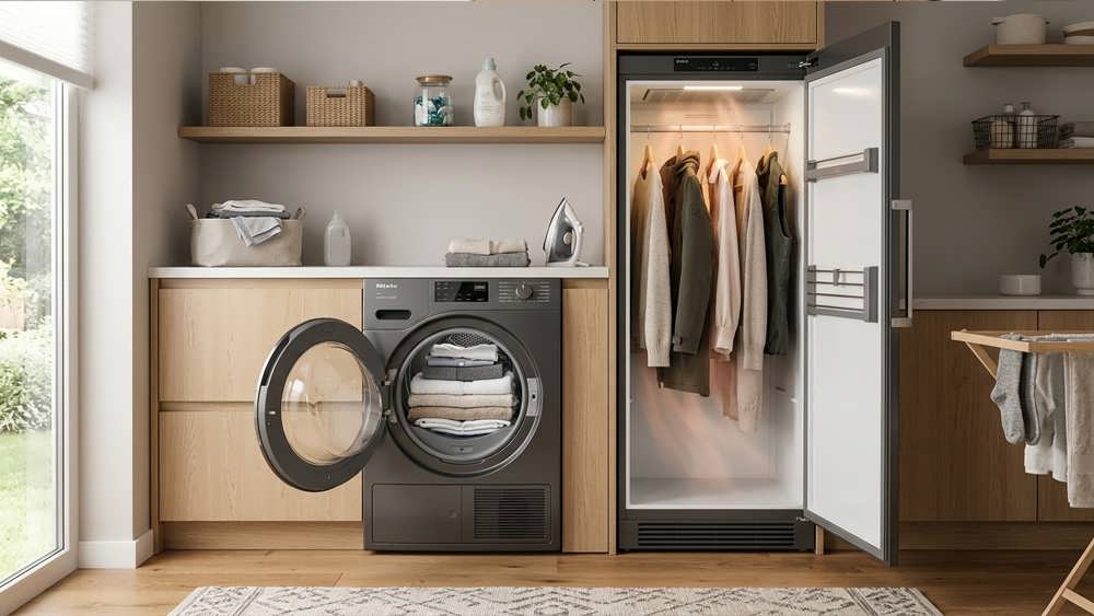مقایسه خشک کن معمولی و کابینت خشک کن در فضای رختشویی مدرن برای مراقبت و خشک کردن لباس‌ها