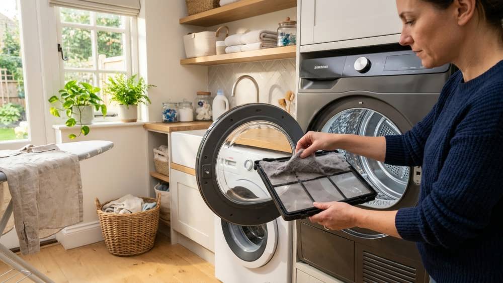 تمیز کردن فیلتر پرزگیر ماشین خشک کن برای افزایش طول عمر و بهبود عملکرد دستگاه