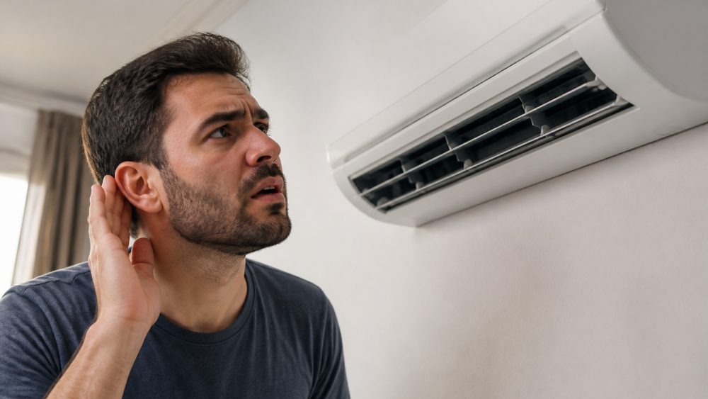 نمای نزدیک از یونیت داخلی کولر گازی با قاب باز و تکنسین در حال بررسی فن و پیچ های شل