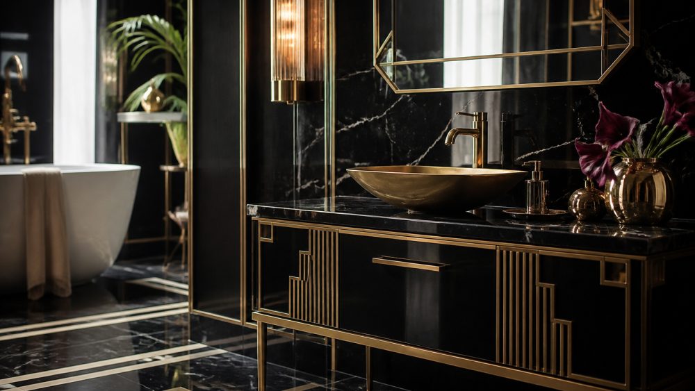 حمام لوکس آرت دکو با آینه قوسی طلایی، کاشی های هندسی سبز تیره و شیرآلات برنجی براق