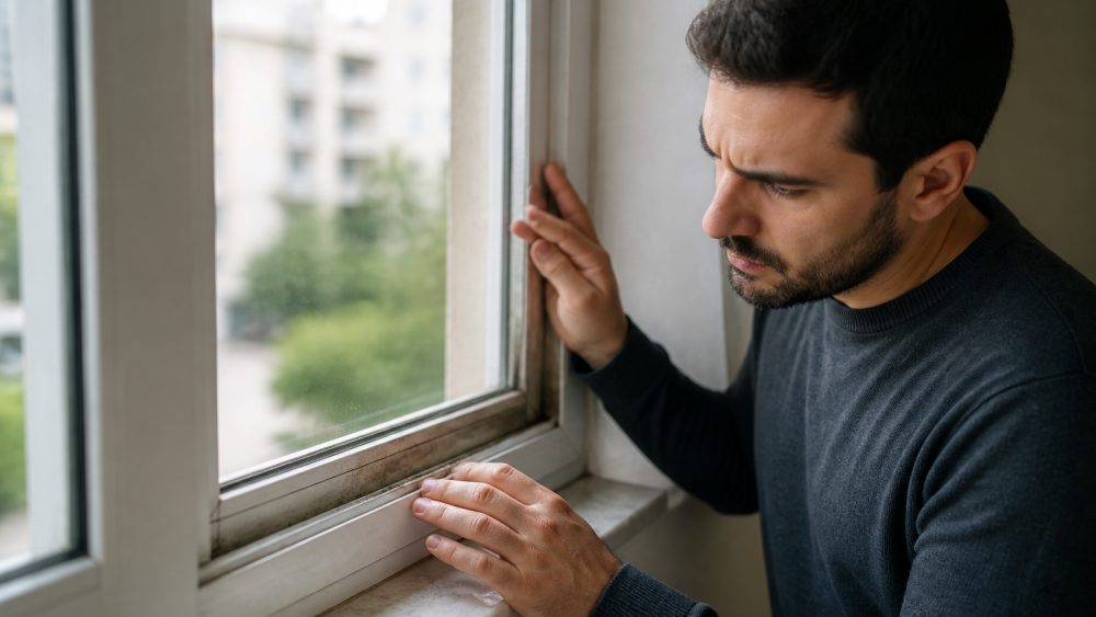 پنجره دوجداره فرسوده با بخار روی شیشه و درزهای کهنه در کنار رادیاتور روشن خانه