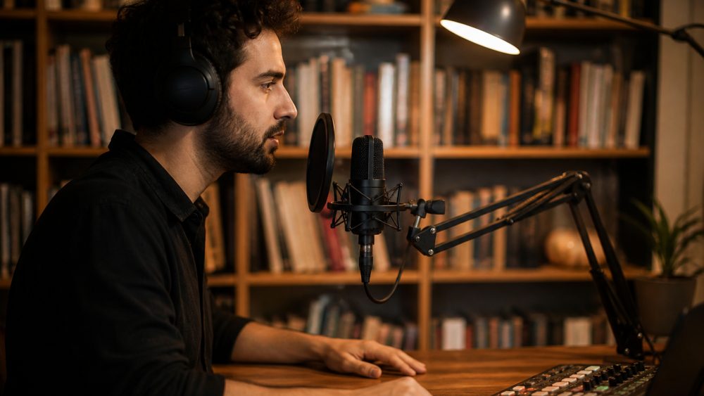 میکروفون پادکست روی بازوی رومیزی در فاصله مناسب از صندلی، مقابل کتابخانه ای پر از کتاب با عمق های متفاوت