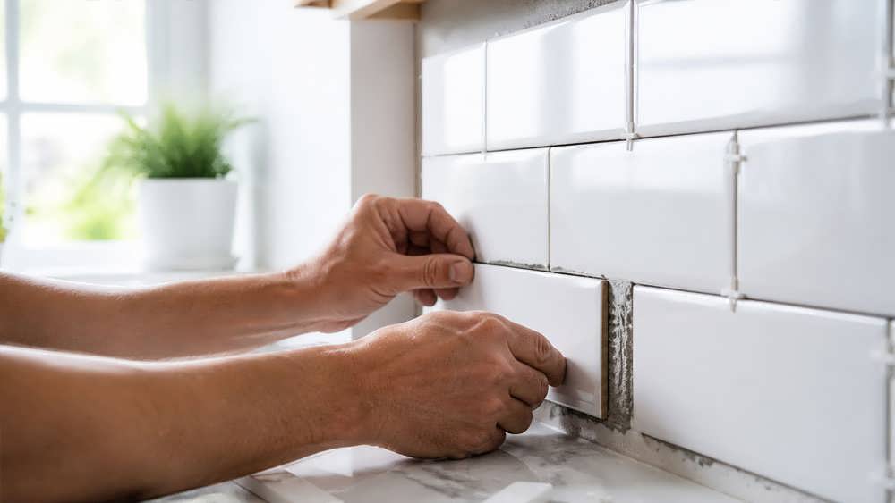 دست های یک فرد در حال نصب کاشی های سرامیکی سفید مترویی (Subway tiles) روی دیوار آشپزخانه.