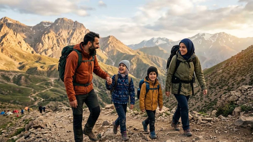 خانواده‌ای در حال ماجراجویی در طبیعت ایران، در فضایی صمیمی و پویا با نور طبیعی و حس همکاری و شادی.