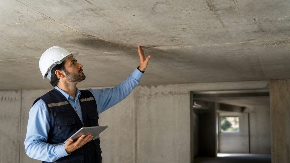 مهندس عمران با کلاه ایمنی در حال بررسی سقف و دیوار گاراژ با چراغ قوه و ابزار اندازه گیری