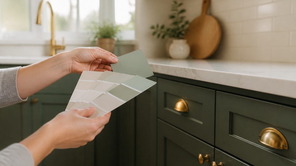 آشپزخانه ای با کابینت های پایینی سبز تیره، کابینت های بالایی سفید و دستگیره های طلایی برس خورده در نور طبیعی