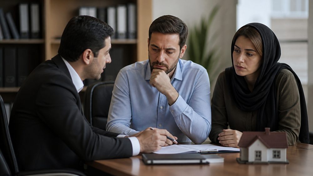 وکیل در دفتر کار، اسناد ملکی را پیش روی زوجی نشسته بررسی و توضیح می دهد