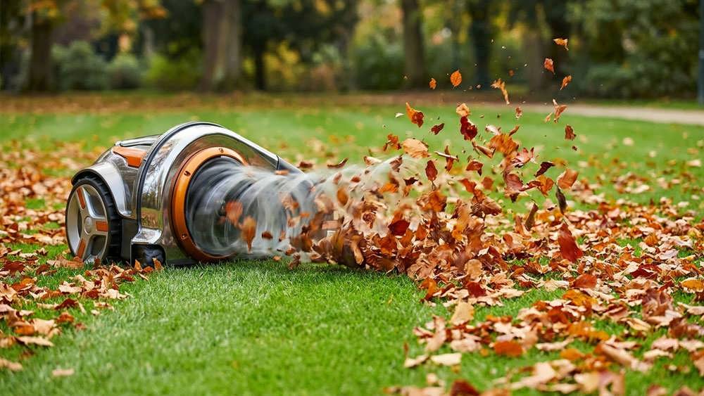 دستگاه مکنده برگ در حال پاکسازی سریع مسیری از برگ های خشک پاییزی روی چمن