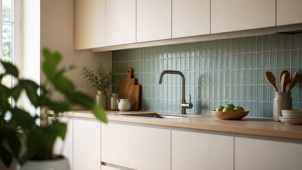 صفحه کابینت خلوت در آشپزخانه ای مینیمال با دیوار بین کابینتی رنگی، گلدان کوچک و ظروف سرامیکی