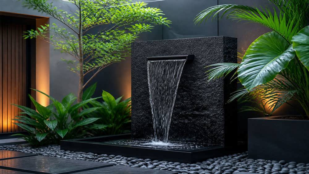 آبنمای سنگی مدرن و مینیمال در گوشه ای از یک حیاط سرسبز با صدای آرامش بخش آب