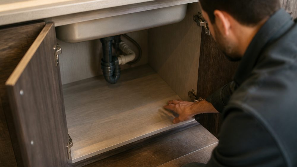 نمای نزدیک از کابینت زیر سینک آشپزخانه با سطح مقاوم در برابر رطوبت و اجاق گاز در پس زمینه