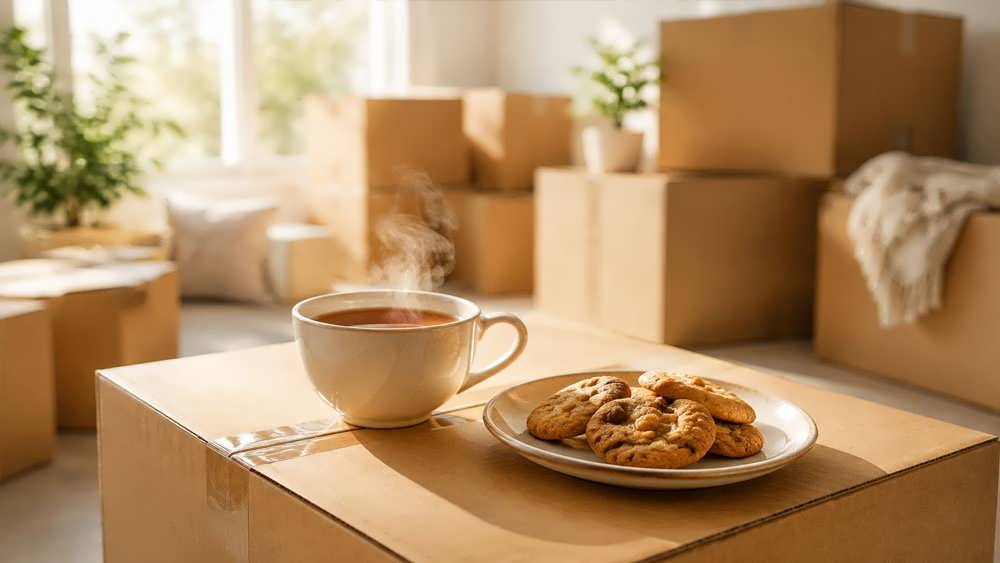 یک فنجان چای تازه دم و کوکی روی یک کارتن اسباب کشی در اتاقی روشن