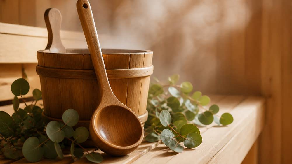 سطل چوبی سنتی سونا همراه با ملاقه و برگ های تازه اکالیپتوس در فضای گرم سونا که نماد سم زدایی بدن است.