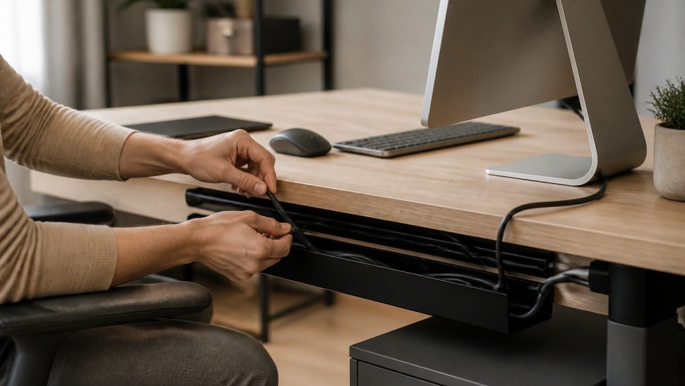میز کار خانگی مرتب با لپ تاپ، حافظه خارجی و کابل های منظم در داک مدیریت کابل