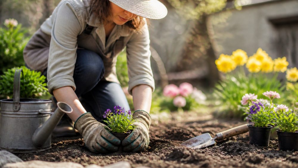 دست باغبان در حال کاشت نشای جوان در خاک مرطوب باغچه زیر نور ملایم بهاری