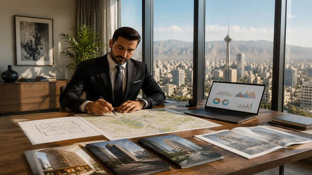 مشاور املاک حرفه‌ای در حال تحلیل قیمت و شرایط بازار مسکن در یک دفتر مدرن و روشن