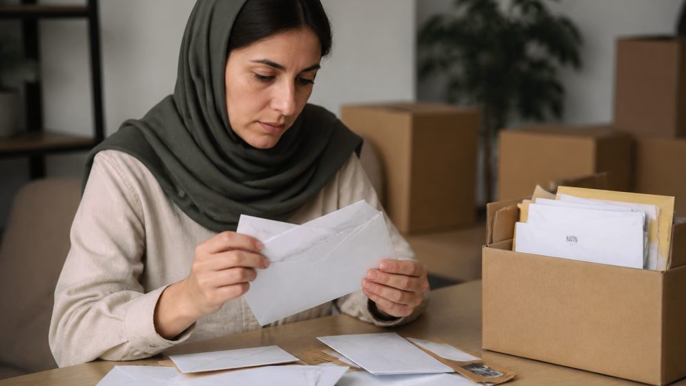 دستی در خانه جدید پاکت های پستی و گوشی هوشمند را برای بررسی نشانی های ثبت شده مرتب می کند
