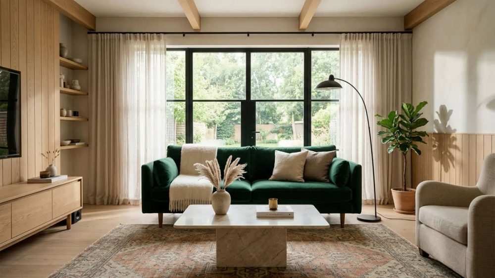 نمایی سینمایی و مدرن از یک فضای داخلی شیک و مینیمال با ترکیب چوب اسکاندیناوی و لهجههای رنگی جسورانه، مناسب برای کاور مقاله ترندهای دکوراسیون داخلی
