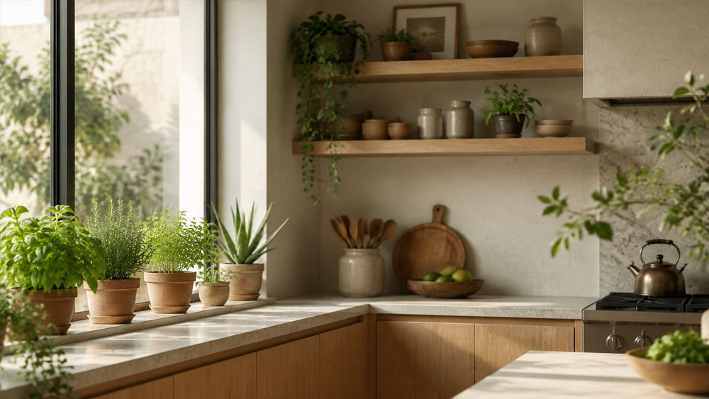 کابینت های آشپزخانه با رنگ روشن، دستگیره های جدید و ترکیب چوب و رنگ خنثی در فضایی مدرن دیده می شوند.