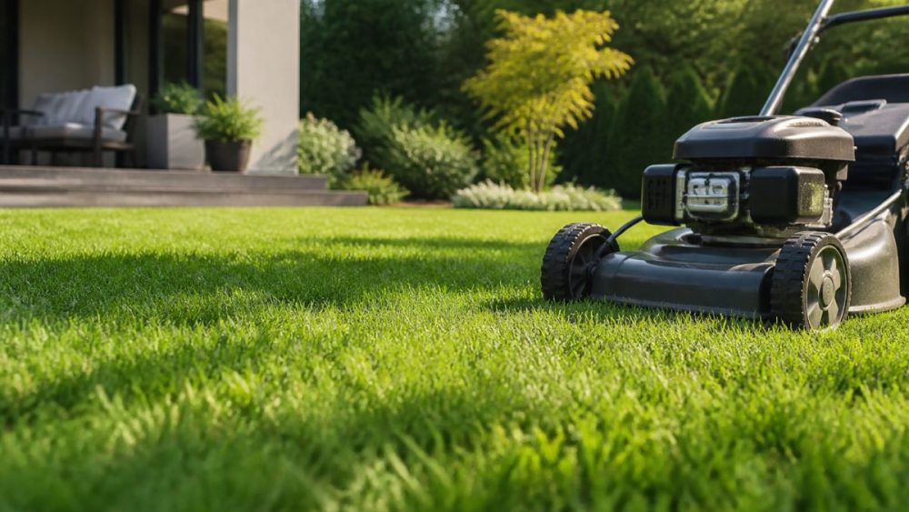 باغبانی در حال آبیاری چمن متراکم و سبز در حیاط خانه با شلنگ آب