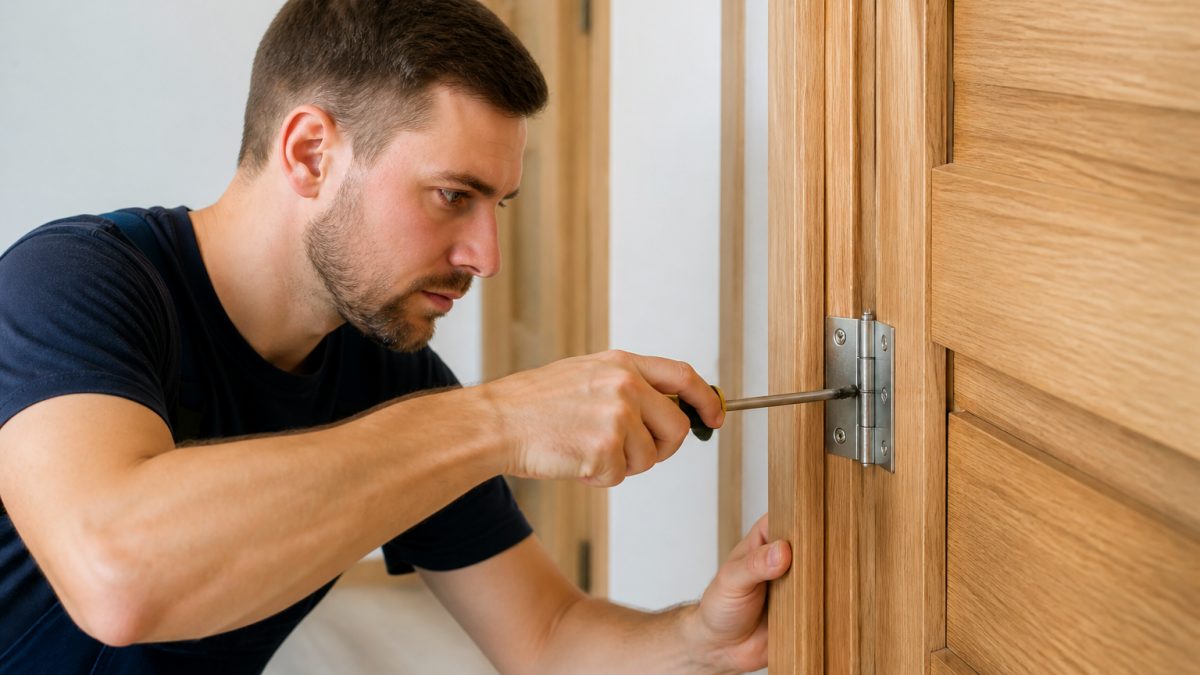 دست تعمیرکار در حال تنظیم پیچ‌های لولای درب چوبی کنار چارچوب با پیچ‌گوشتی