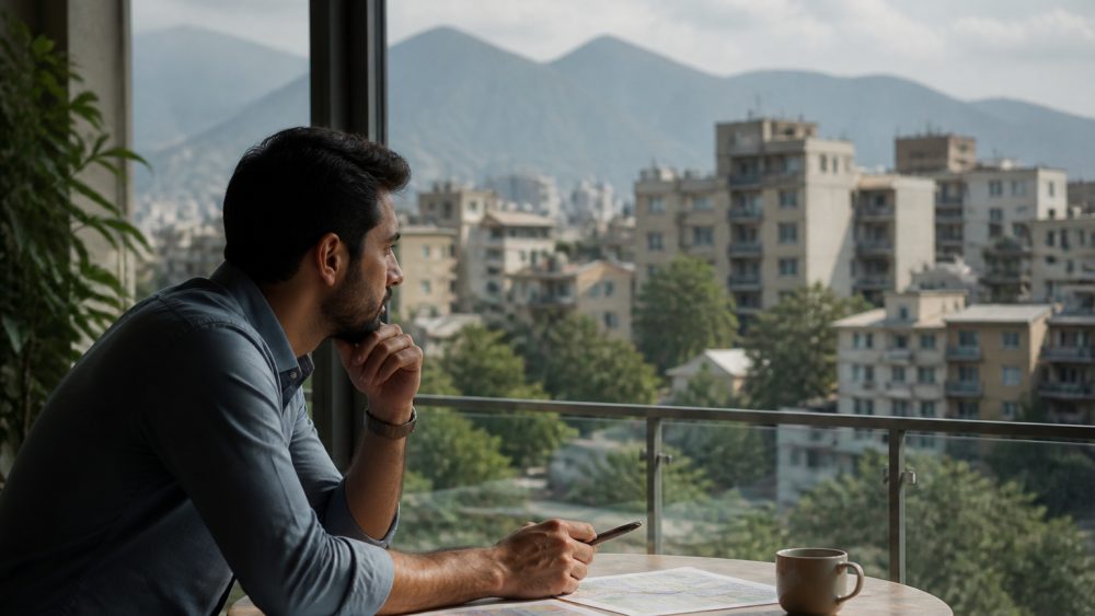 نمایی از محله مسکونی با ساختمان های آپارتمانی، فضای سبز، ایستگاه حمل ونقل عمومی و مسیر پیاده رو