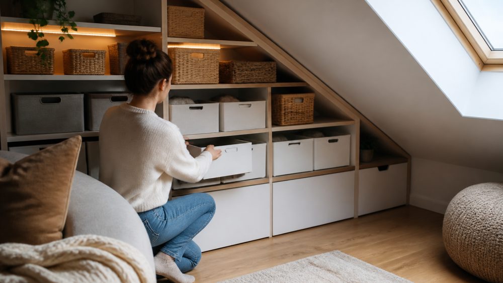 میز دیواری تاشو کنار قفسه های کوتاه و باکس های حصیری در اتاق زیرشیروانی با سقف شیب دار
