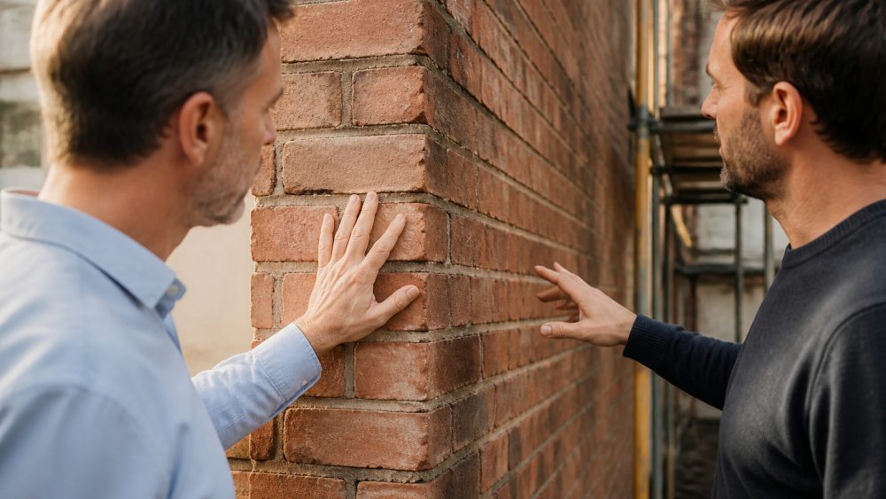 مرز آجری میان دو خانه بریتانیایی با پیمانکارانی که در کنار آن برای توسعه ساختمان بررسی می کنند