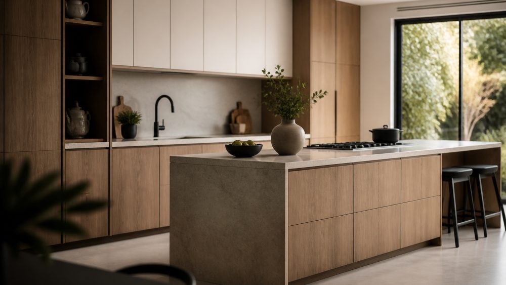 آشپزخانه ای روشن با کابینت های چوبی یکپارچه، قفسه های منظم و جزئیات طراحی مینیمال