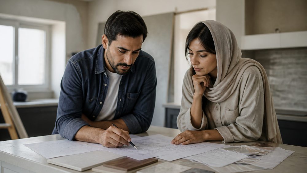 دست صاحب خانه در آشپزخانه ای قدیمی، در حال بررسی نمونه های کابینت و کاشی روی میز کار