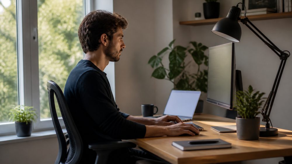 میز کار خانگی کنار پنجره با نور طبیعی جانبی، نمایشگر بدون بازتاب و چراغ رومیزی روشن